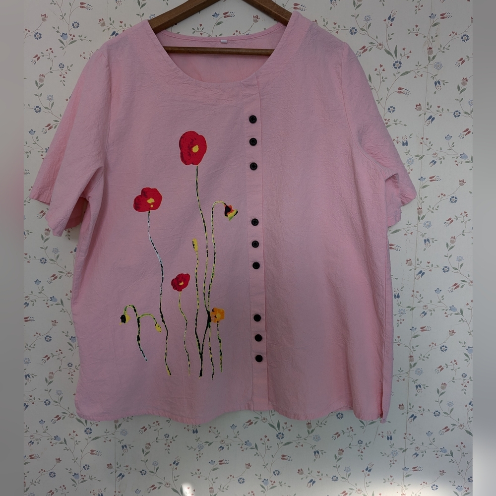 🩷 Floral Painted on 1XL Fabric floral design stylish button Pink Women's Top